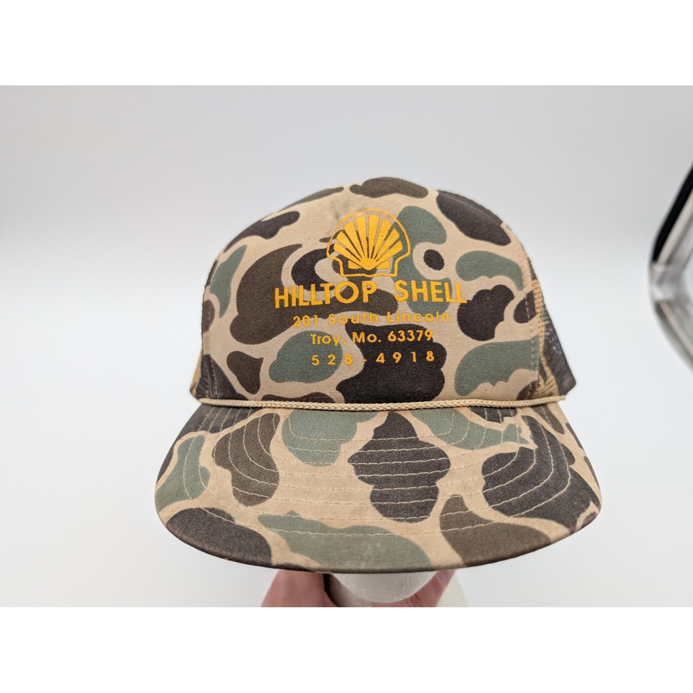 Vintage Nissin Cap Hilltop Shell Camo Trucker Hat Snapback Mesh Back Brown Green